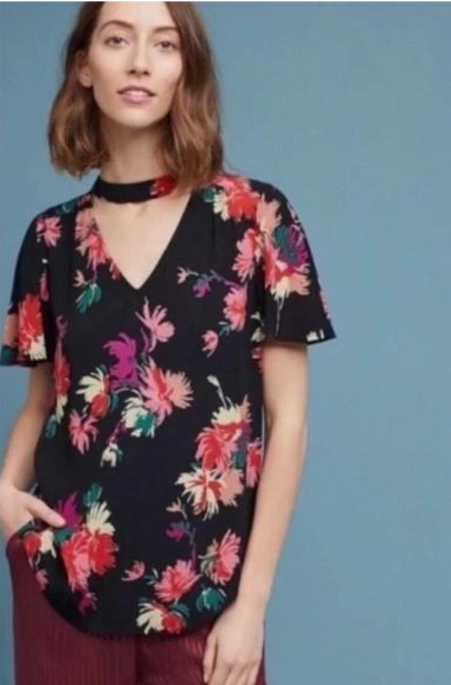 MAEVE Anthropologie Black Bella Floral Choker Flutter Sleeve Top Small EUC